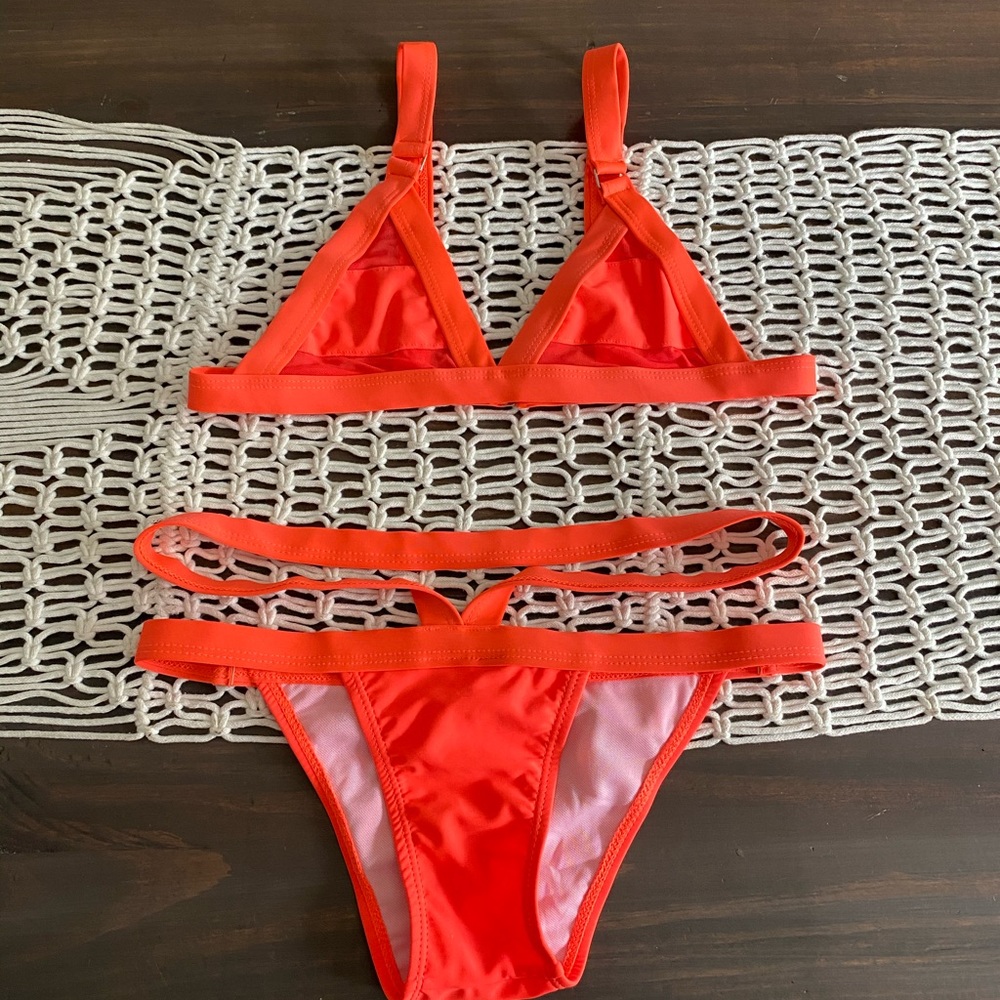 Orange thong bikini w mesh triangle top